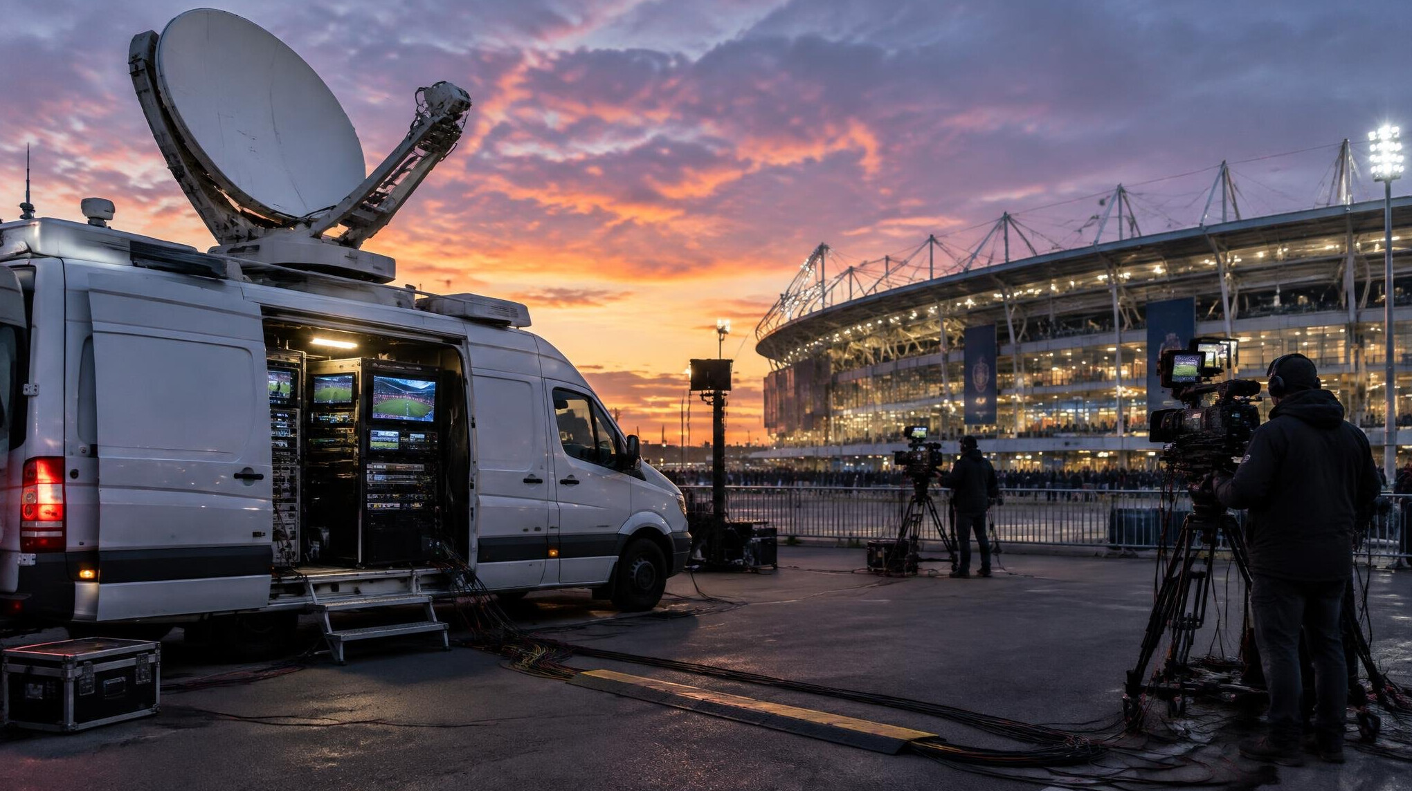 Outside broadcast van with satellite uplink dish parked outside a venue